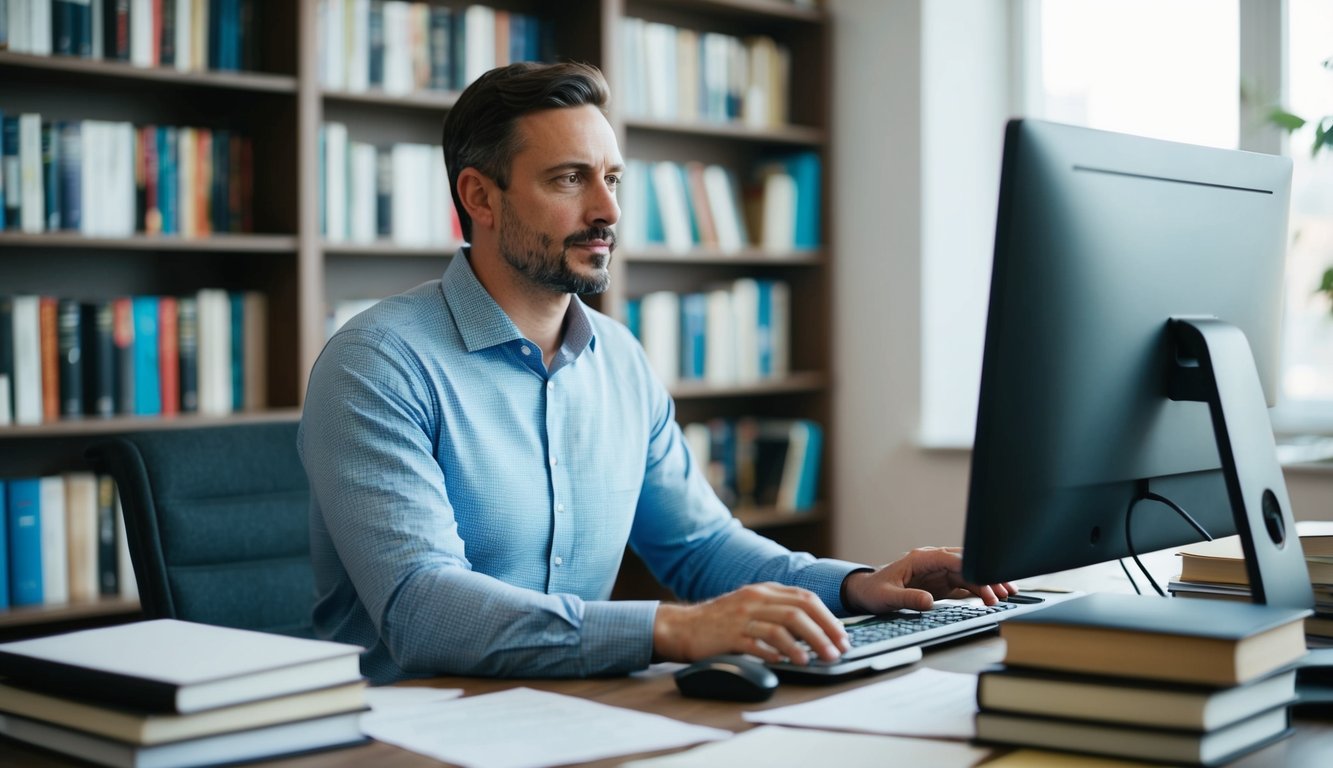 A man sits at a desk with a computer, surrounded by books and papers. The room is well-lit and organized, with a sense of focus and productivity