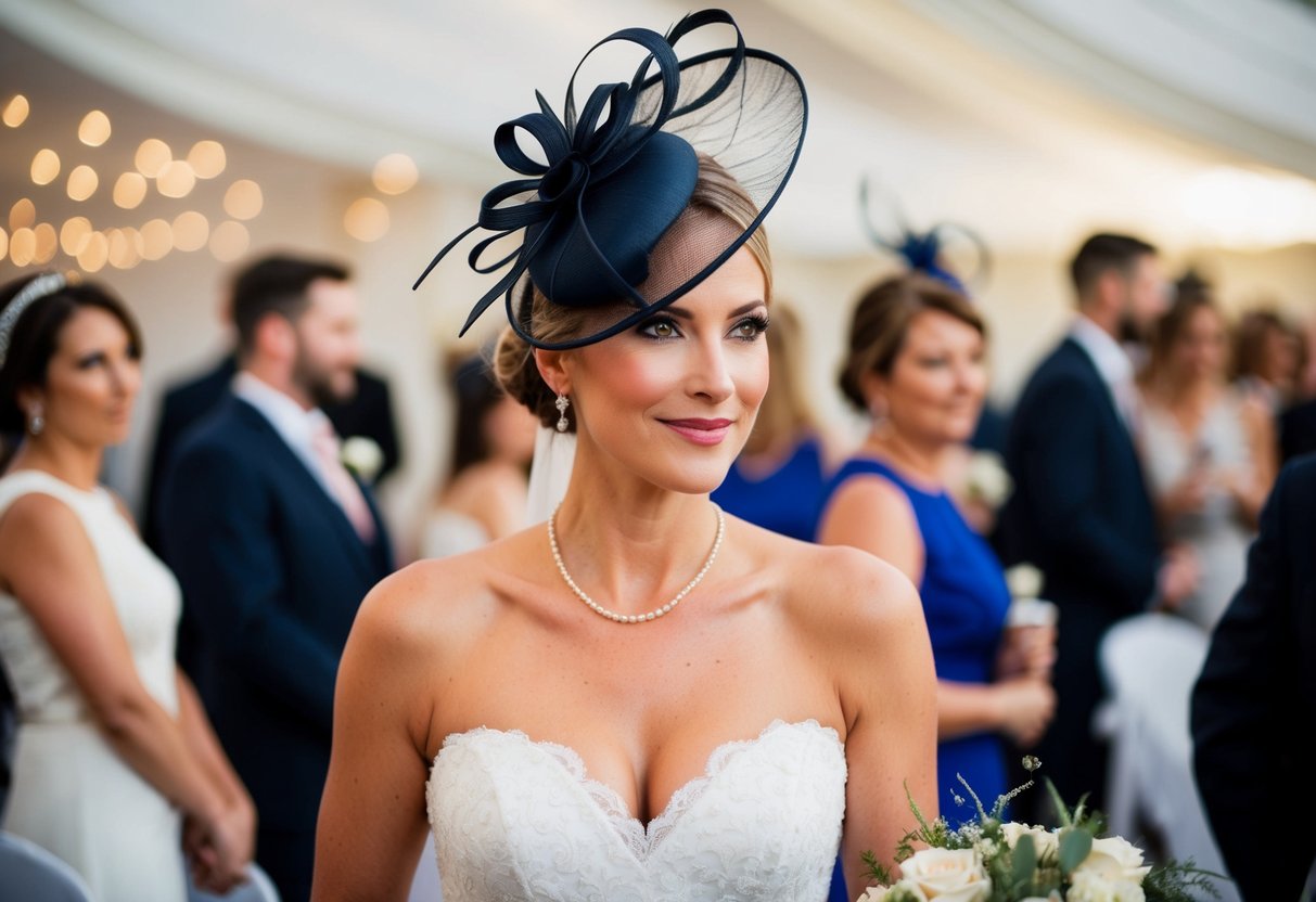 A woman in a stylish fascinator attends a wedding, confidently wearing it throughout the day's events, from the ceremony to the reception