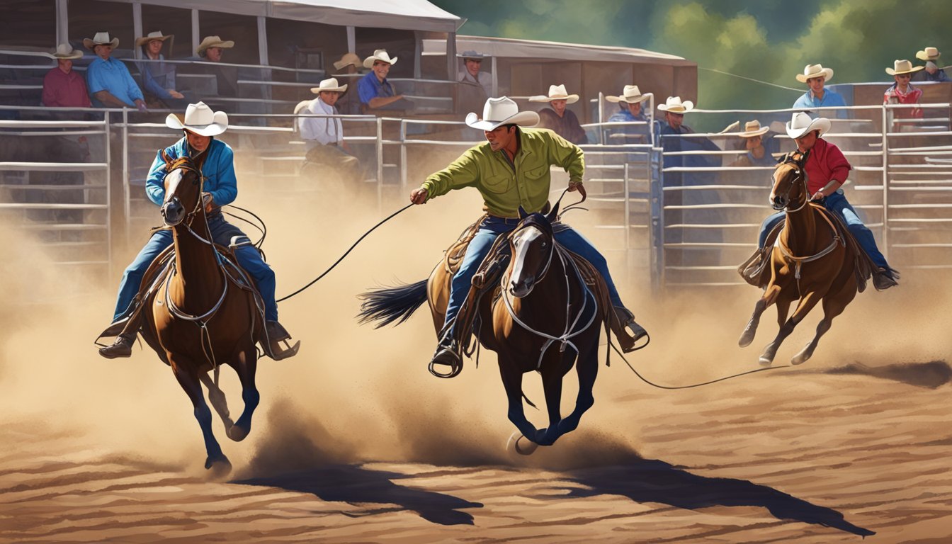 A cowboy and his son participating in team roping at a lively rodeo event