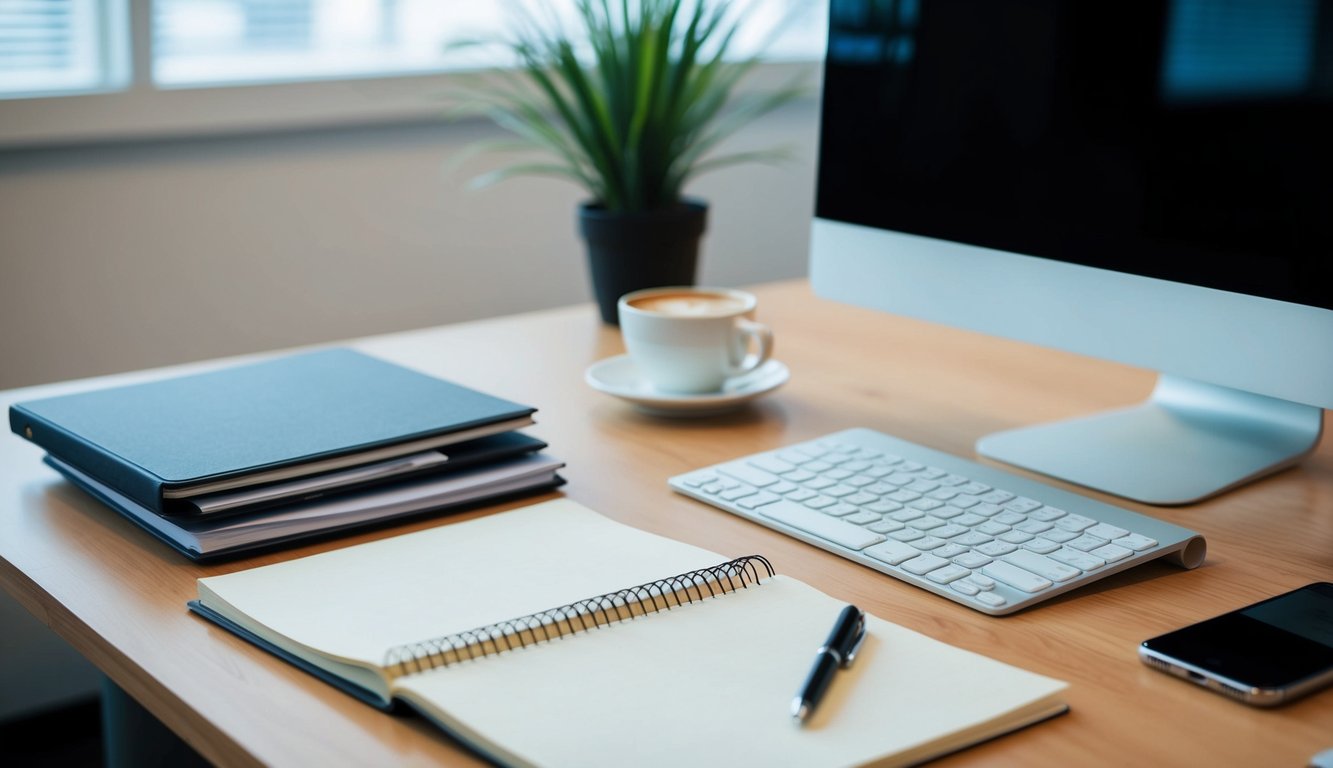 An office desk with a computer, notebook, and pen. A stack of papers and a cup of coffee sit nearby