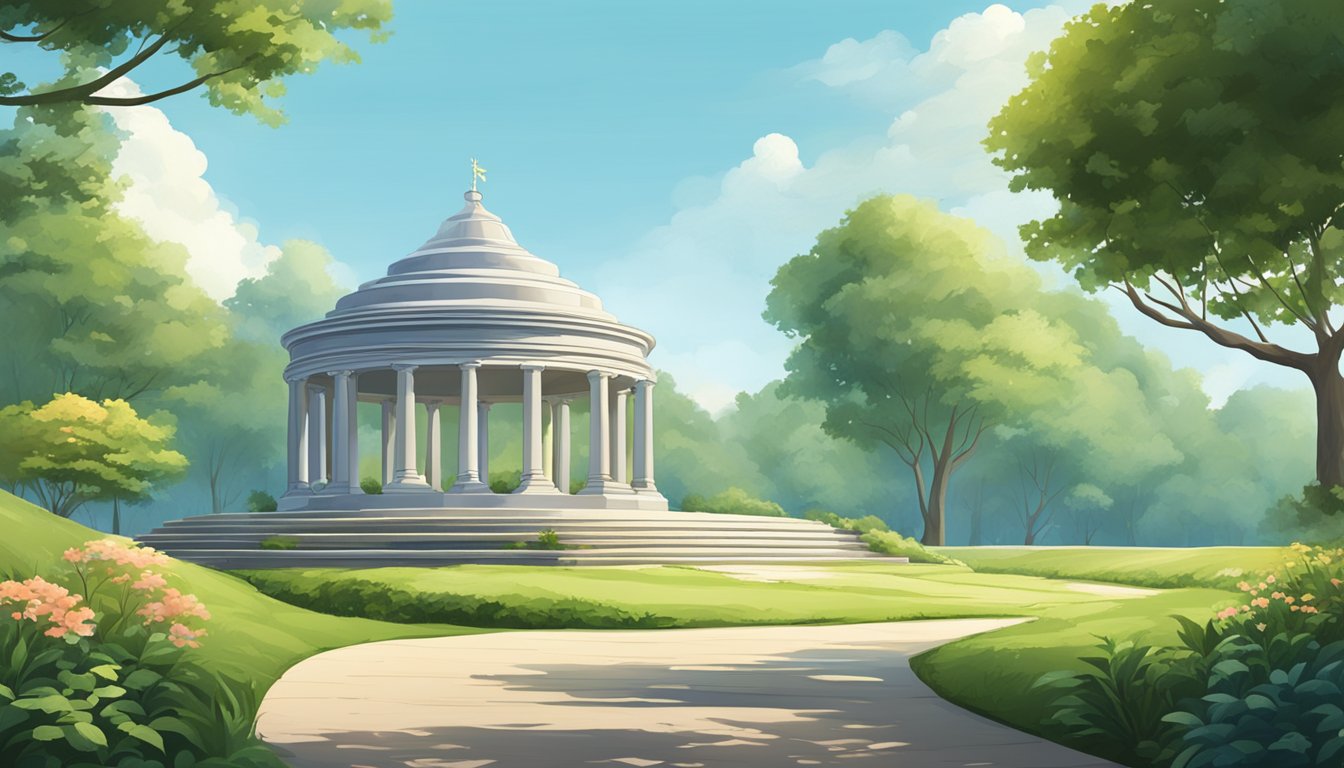 A serene countryside landscape with a large, elegant memorial foundation surrounded by lush greenery and a clear blue sky