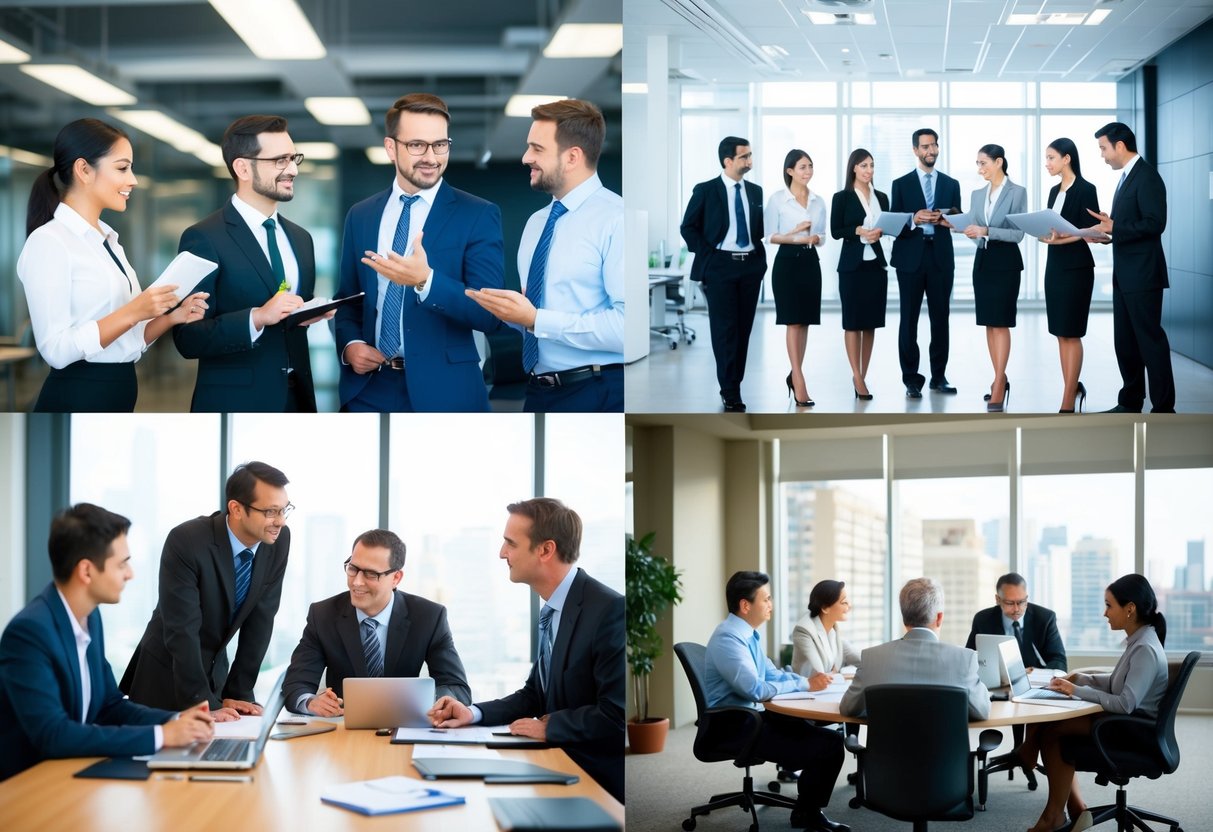 Un groupe de personnes en tenue professionnelle discutant et échangeant des idées dans un bureau moderne, tandis qu'un autre groupe est montré travaillant de manière indépendante dans un espace de bureau traditionnel.