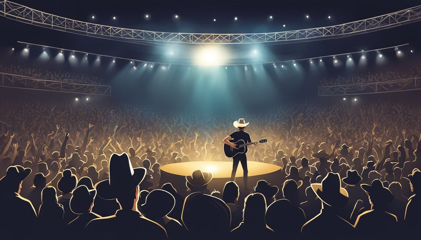 A stage with a spotlight on a cowboy hat and guitar, surrounded by cheering fans