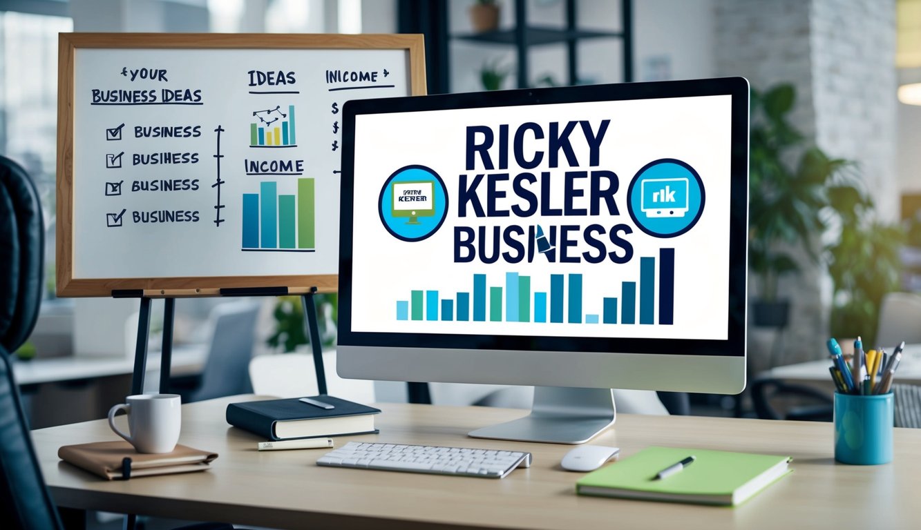 An office desk with a computer, notebook, and coffee mug. A whiteboard with business ideas and income charts. A logo for "Ricky Kesler Online Business" displayed on the computer screen