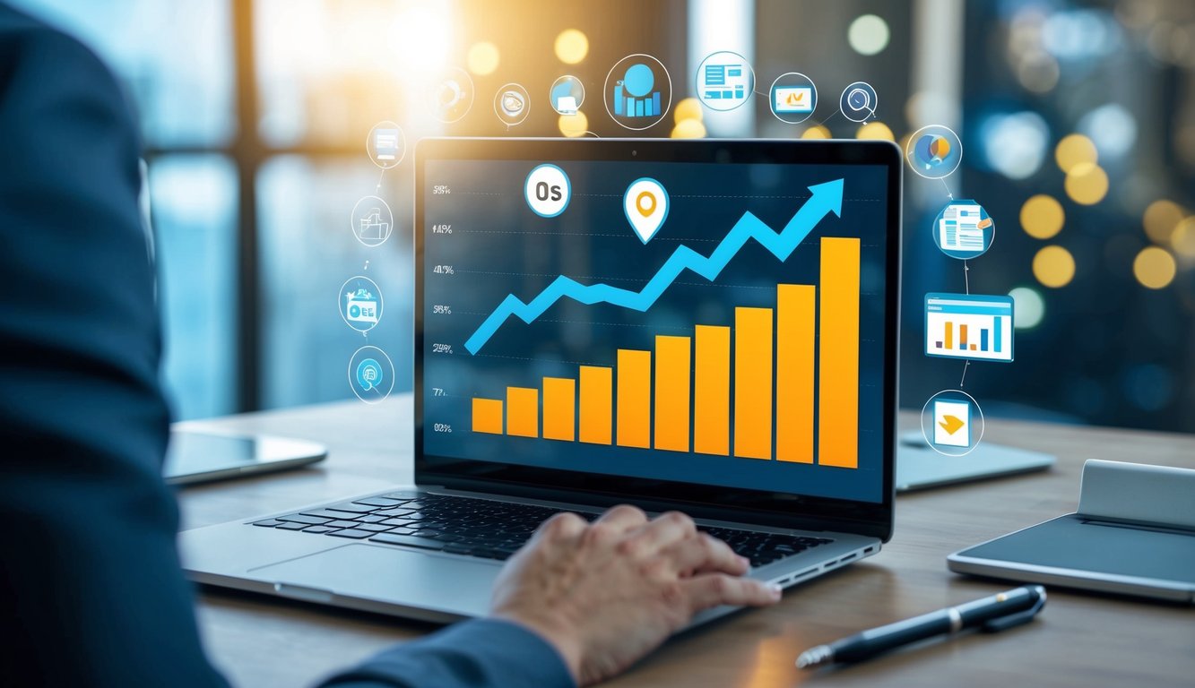 A laptop surrounded by various digital marketing tools and icons, with a graph showing an upward trend in online presence