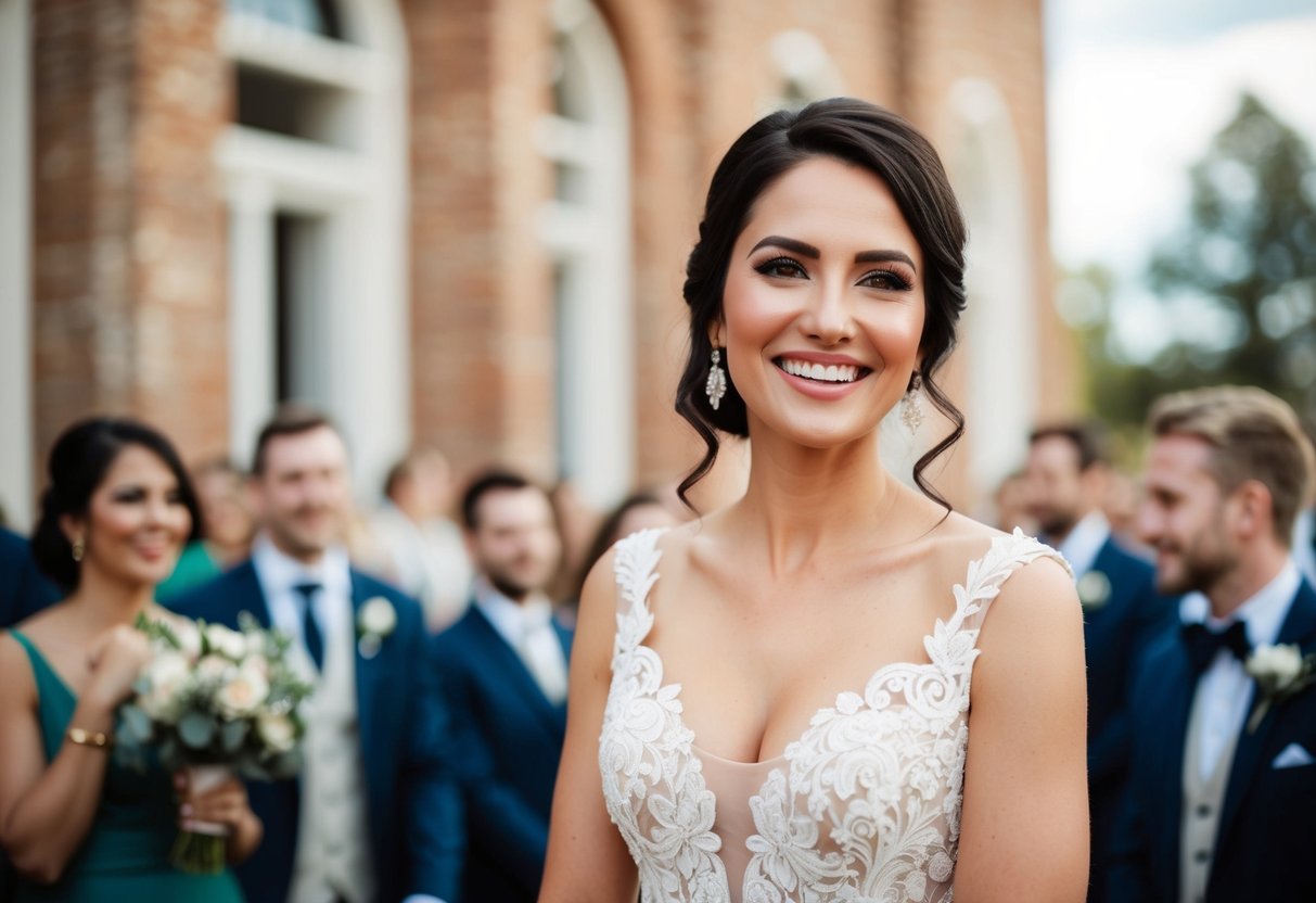 A woman in a stylish dress confidently smiles at a wedding, embracing her natural beauty without makeup