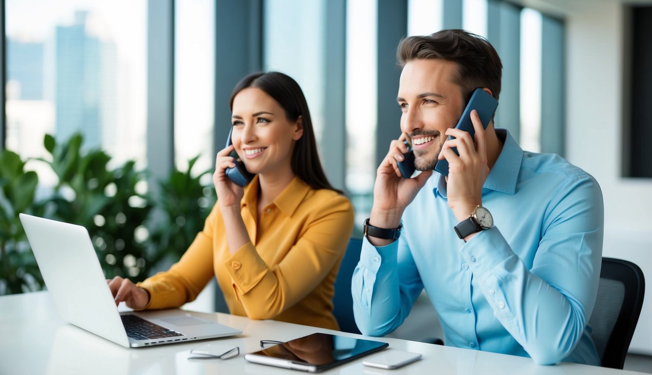 A customer service representative at SEO Butler reviews content with a satisfied client on the phone