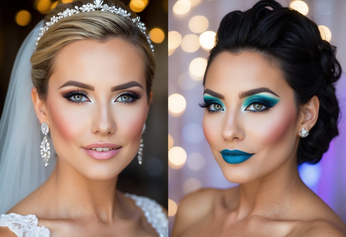 A bride's makeup with soft, natural tones contrasts with bold, dramatic party makeup