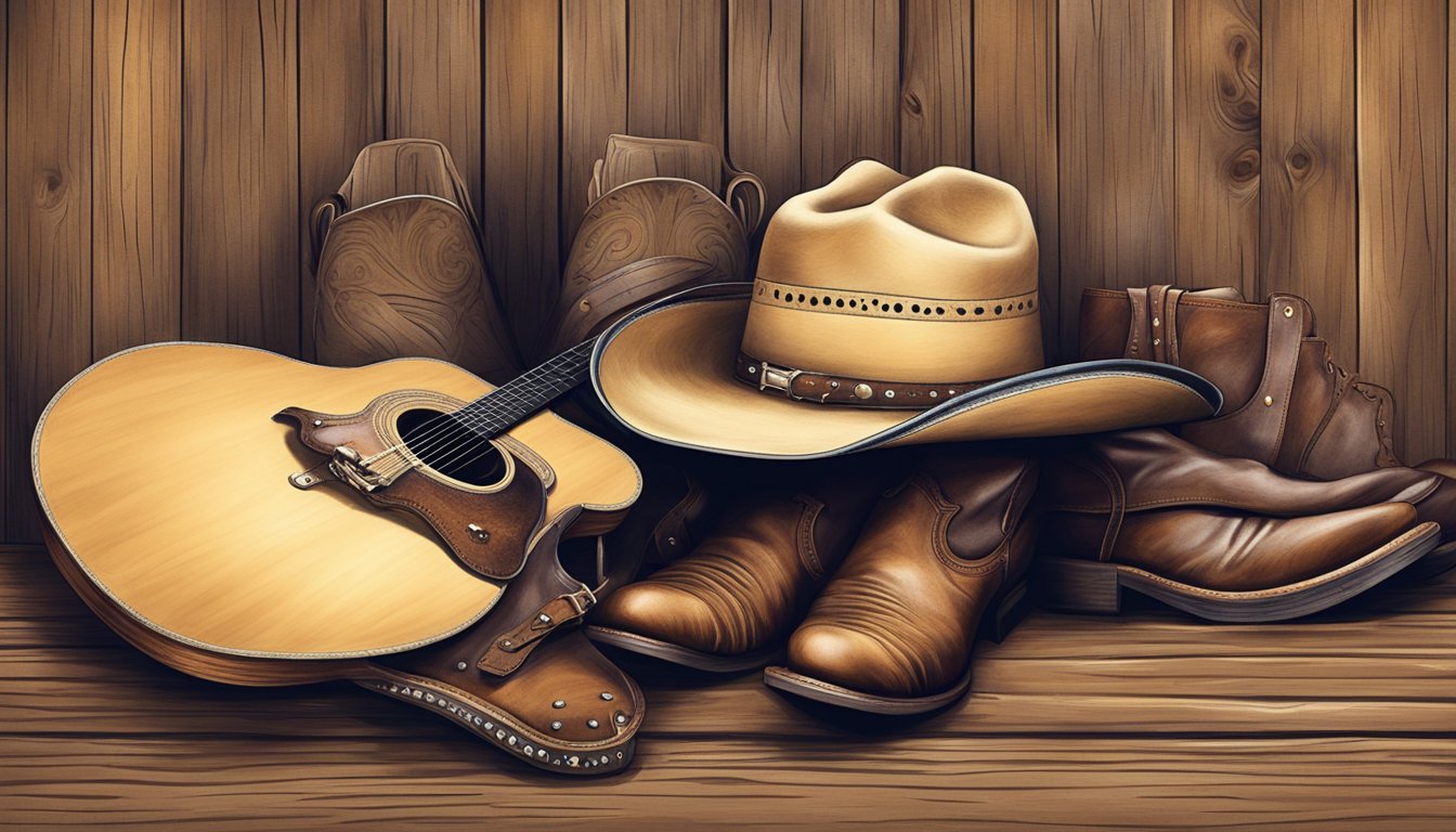 A cowboy hat resting on a weathered guitar, surrounded by cowboy boots and a saddle