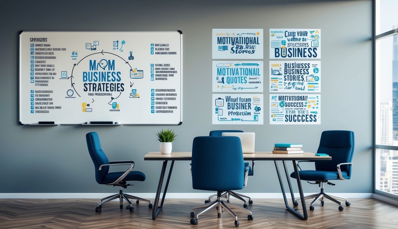 A modern office with a whiteboard filled with business strategies, a desk with a laptop and various business books, and a wall covered in motivational quotes and success stories