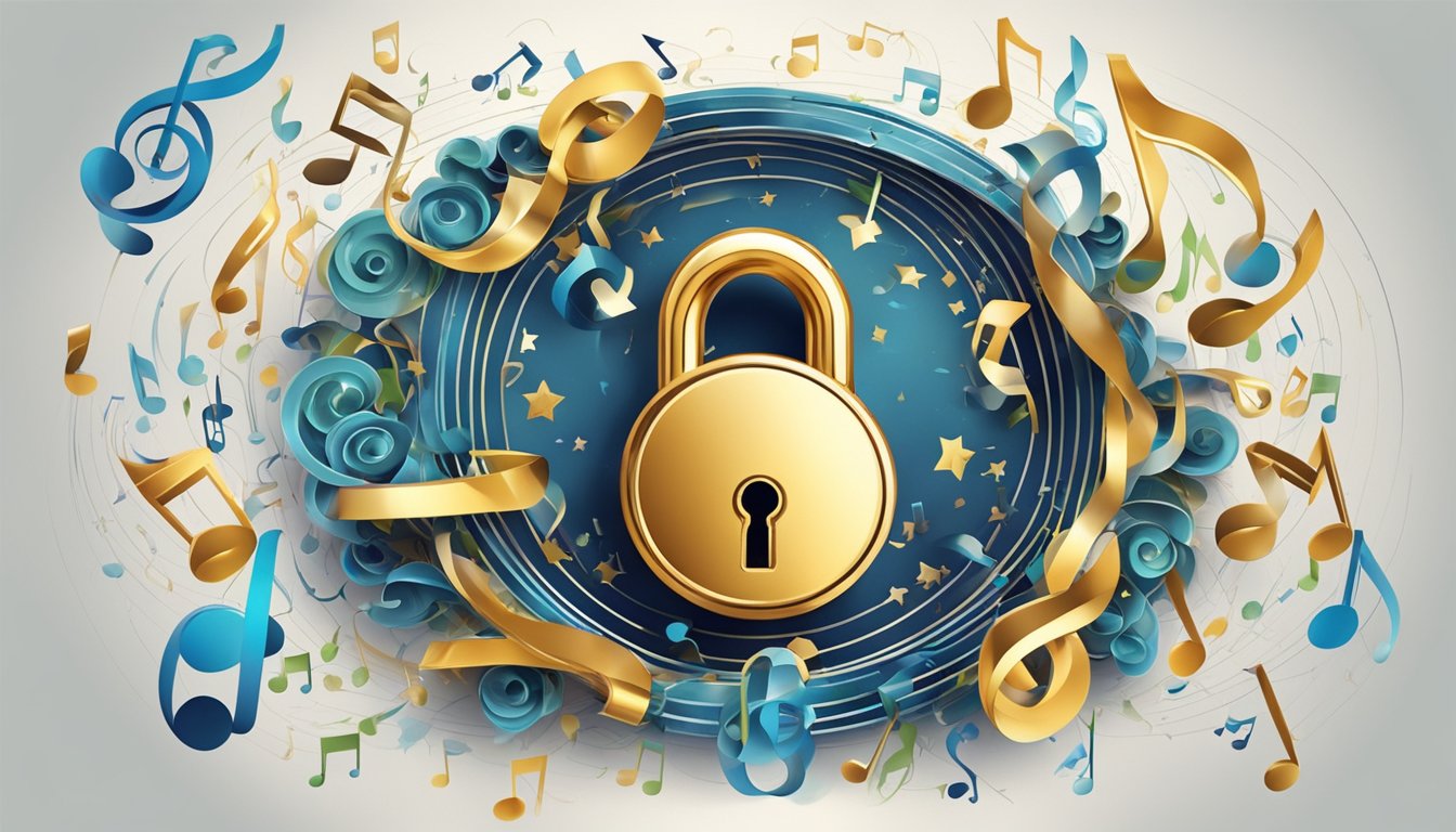 A lock and key surrounded by swirling music notes