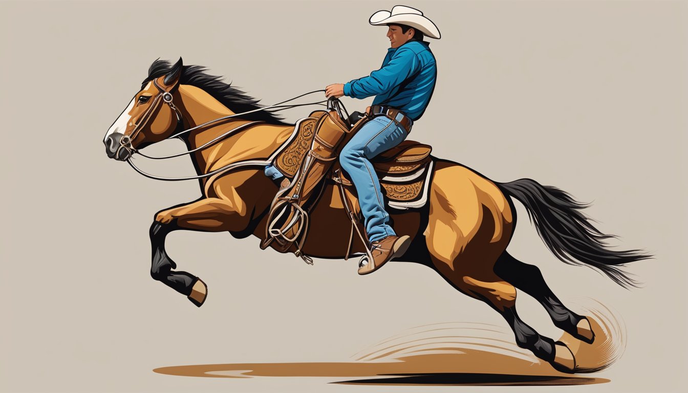 A cowboy riding a bucking bronco at a rodeo, wearing Justin Boots with the iconic logo visible