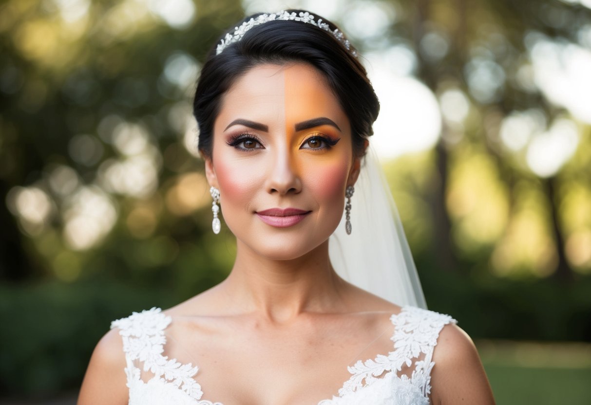 A woman standing confidently at a wedding, with one side of her face bare and natural, and the other side adorned with bold and vibrant makeup
