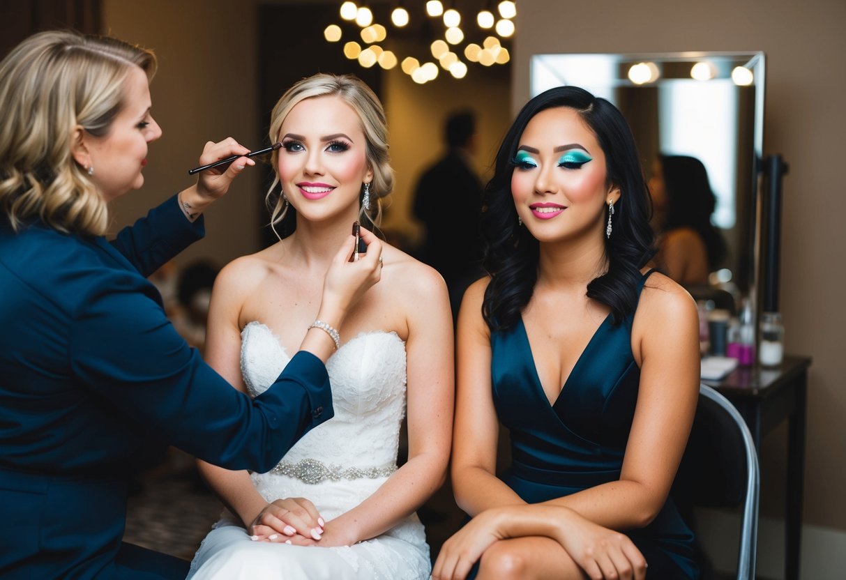 A bride and a party-goer sit side by side, each receiving makeup application. The bride's look is soft and natural, while the party-goer's makeup is bold and dramatic