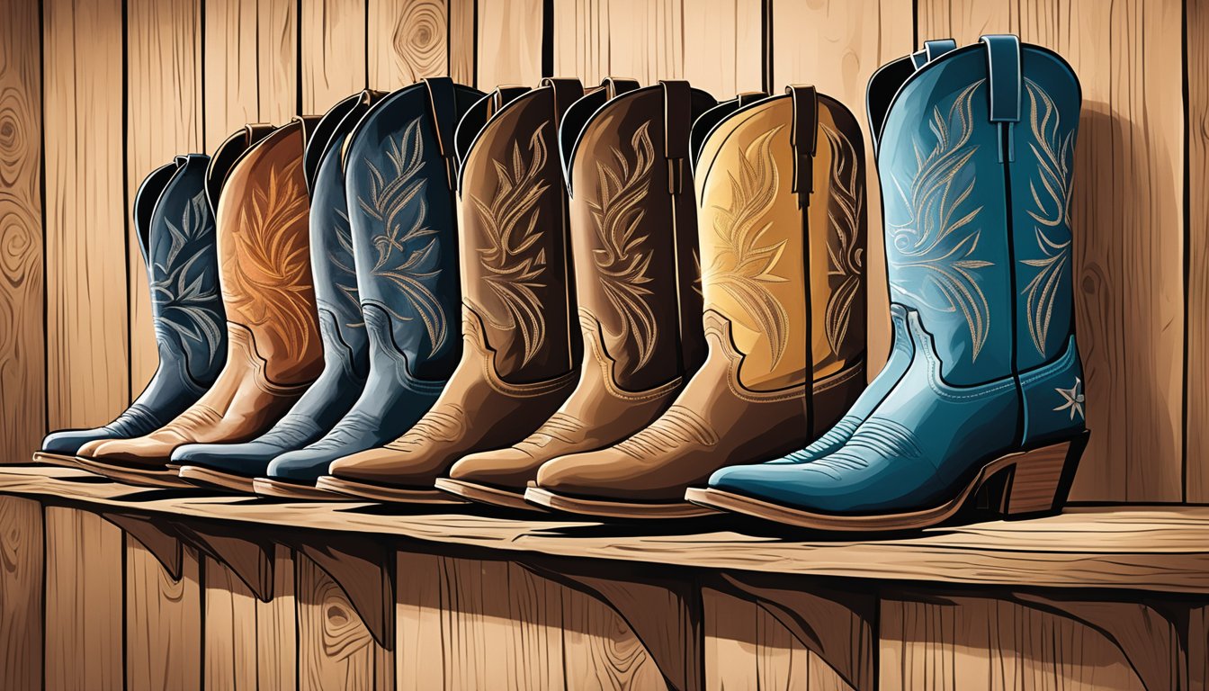 A row of George Strait Justin boots displayed on a rustic wooden shelf in a western-themed store