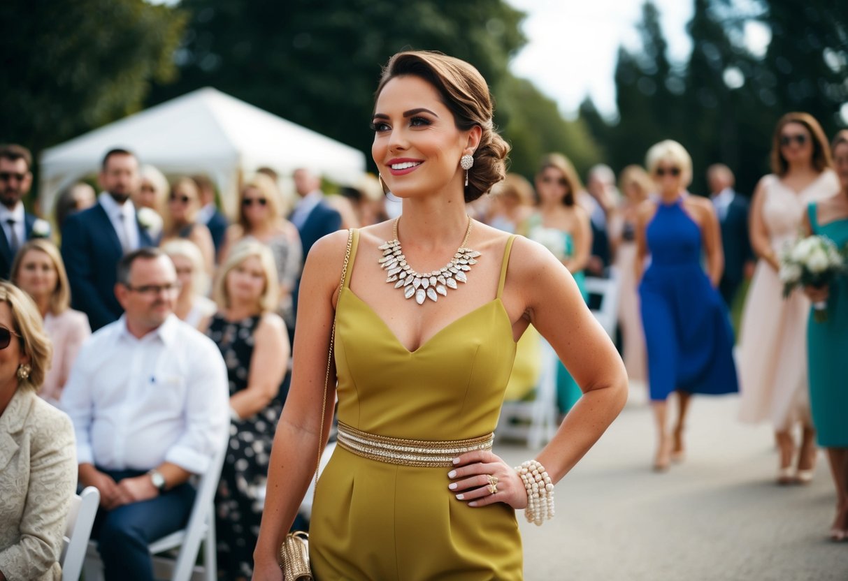 A woman in a chic and comfortable outfit, accessorized with statement jewelry and a stylish hairdo, confidently attends a wedding without wearing makeup