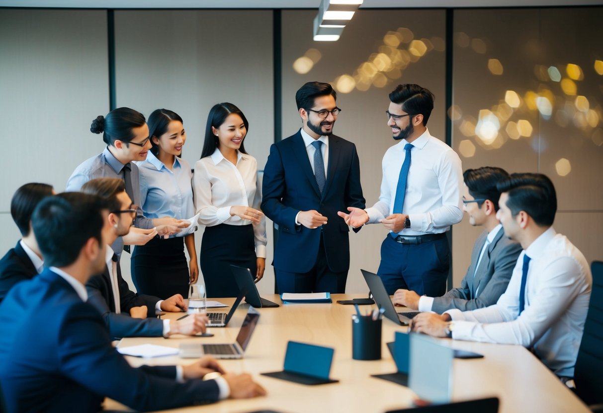 Un groupe de personnes en tenue formelle participe à une discussion collaborative autour d'une table de conférence, tandis qu'un autre groupe travaille de manière indépendante à ses bureaux.