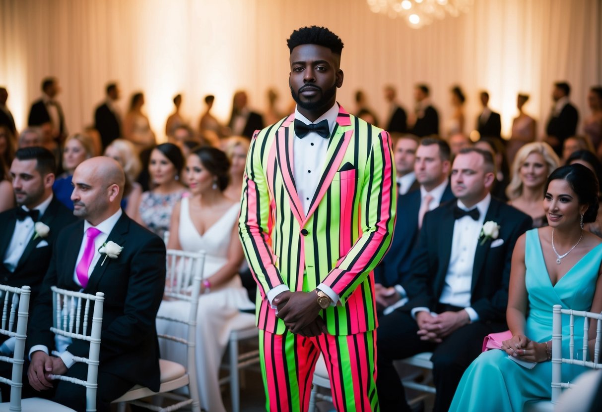 A wedding guest wearing a bright neon outfit with clashing patterns, such as stripes and polka dots, stands out in a sea of elegantly dressed attendees