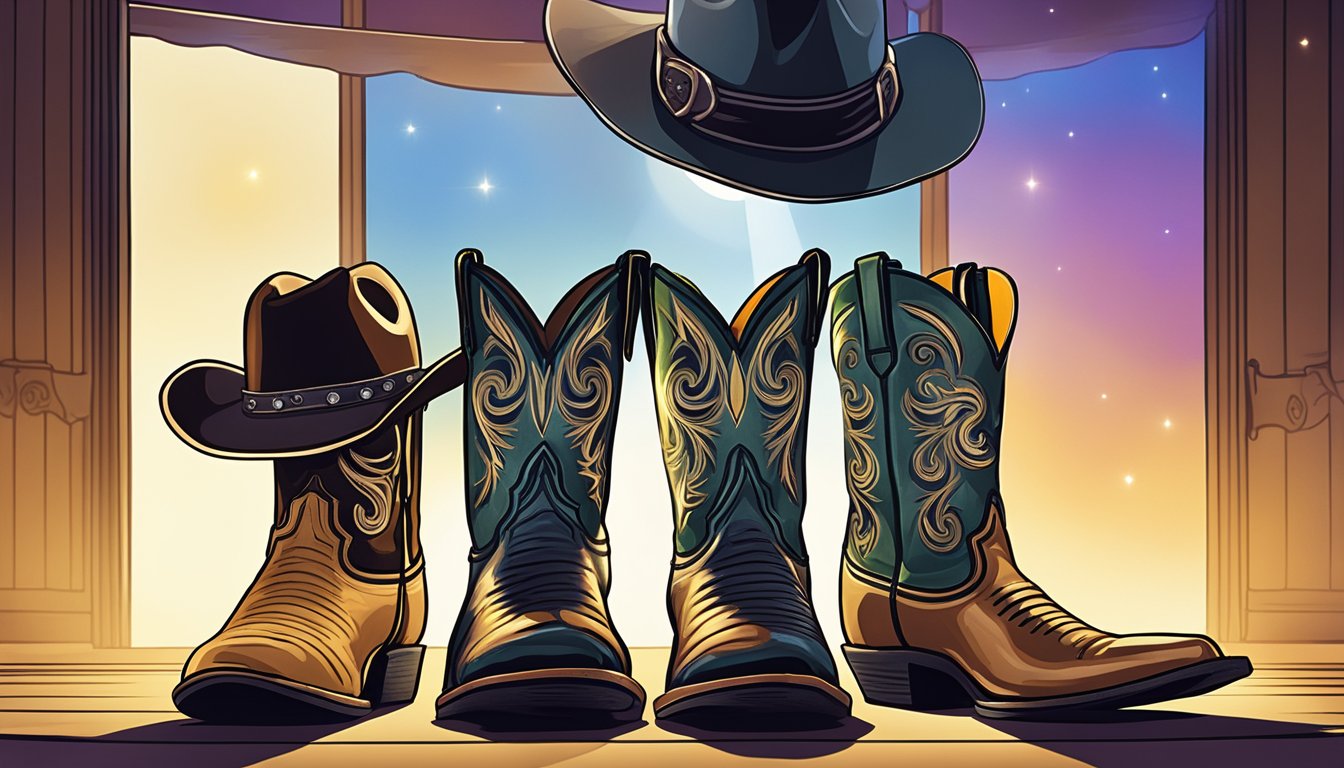 A pair of Justin boots placed on a stage with a spotlight shining on them, surrounded by cowboy hats and guitars