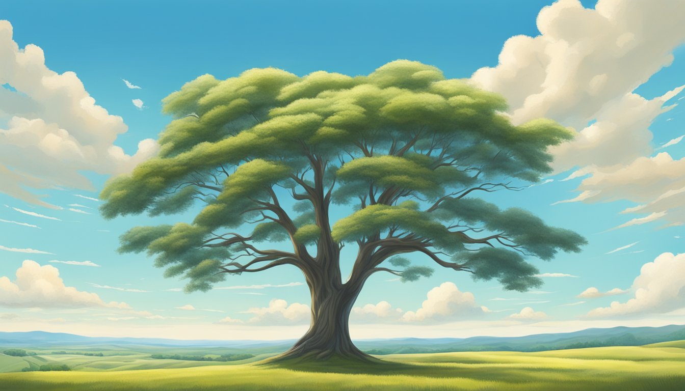 A vast, open field with a bright blue sky and rolling hills in the background, with a single tree standing tall in the center