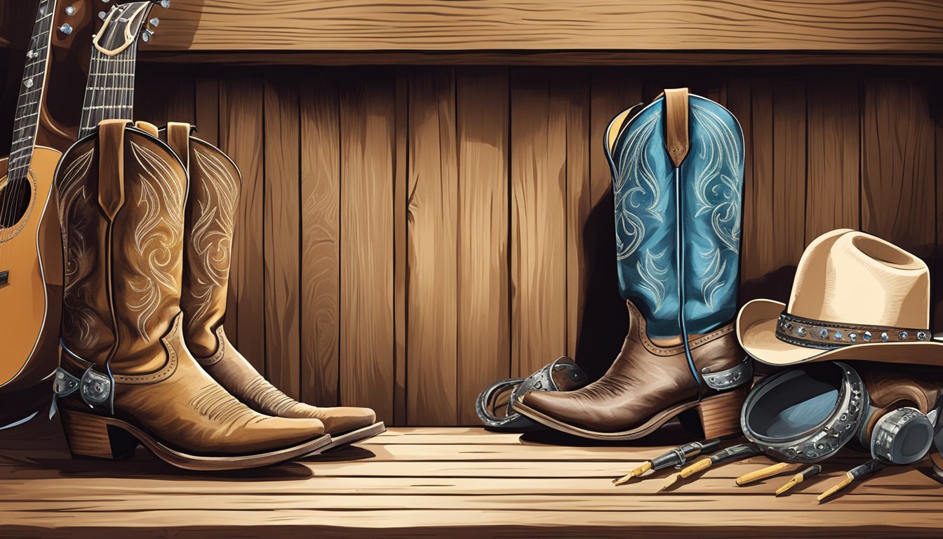 A pair of worn, weathered cowboy boots sit on a wooden stage, surrounded by the instruments of a country music band