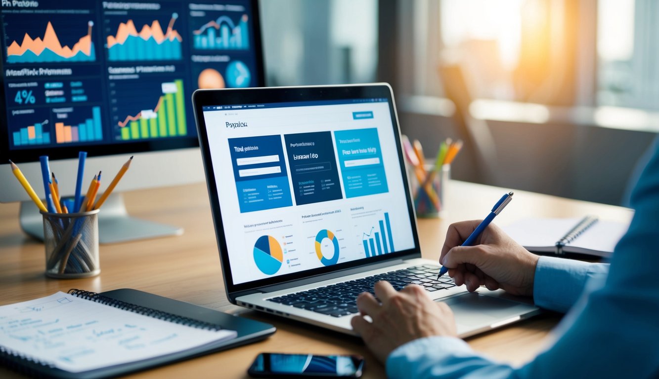 A laptop displaying a variety of products and websites, surrounded by charts and graphs showing performance metrics. A person scribbling notes on a pad