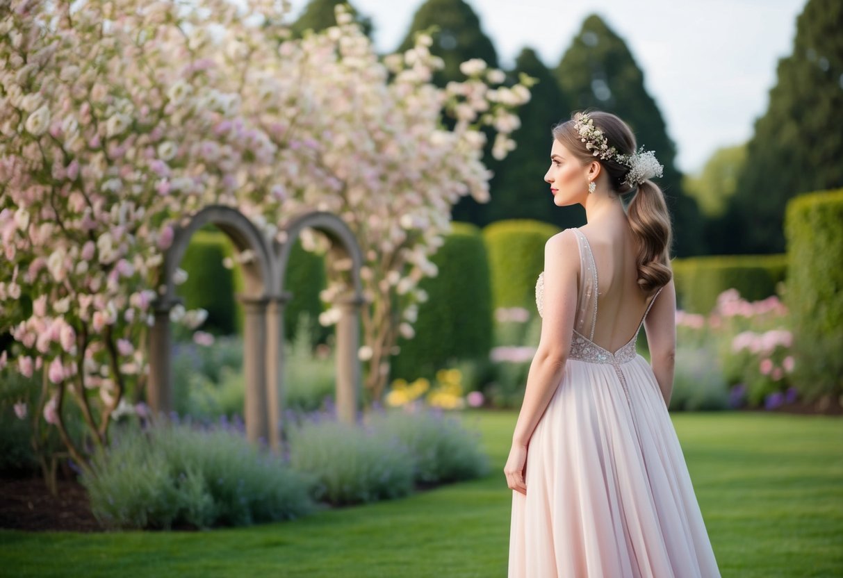 A woman in a flowing gown stands in a garden, her ponytail adorned with delicate flowers, as she gazes at a blooming archway