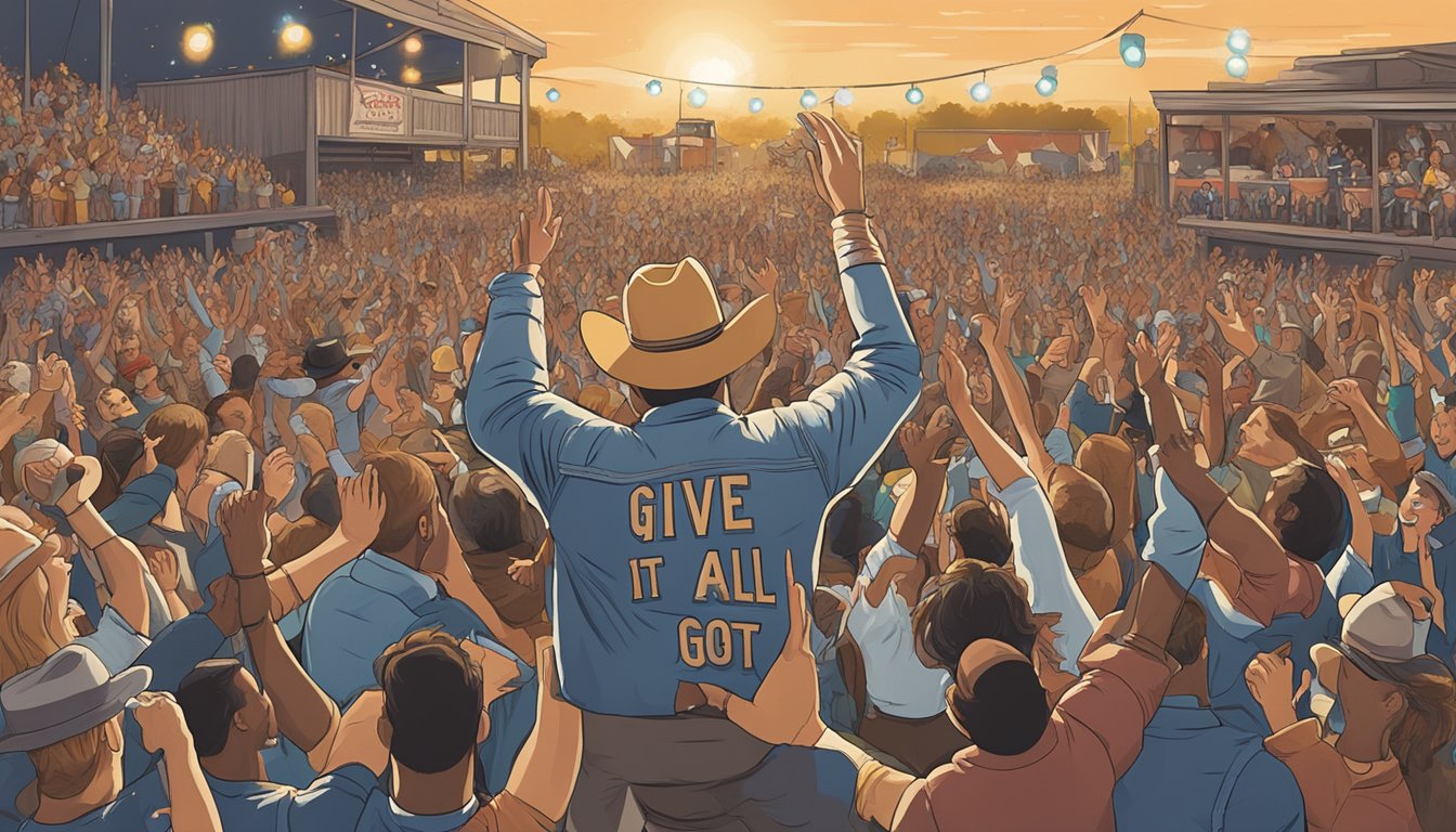 A lively country band performs on stage, with a crowd cheering and dancing in front of a large "George Strait: Give It All We Got" banner