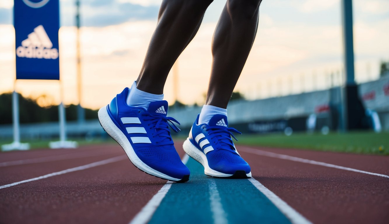 A runner wearing adidas shoes on a track, with the logo visible on a banner and on the shoes