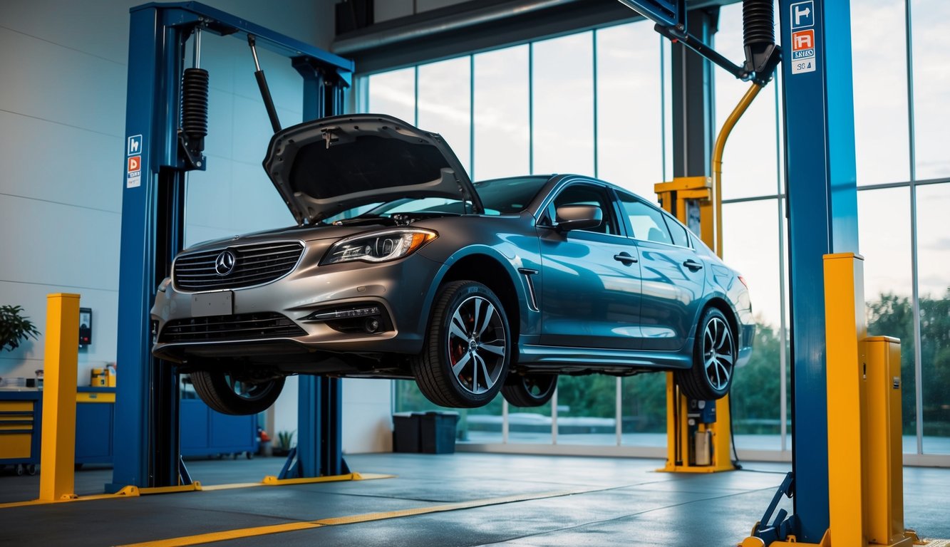 A car being lifted and flipped by a hydraulic car lift