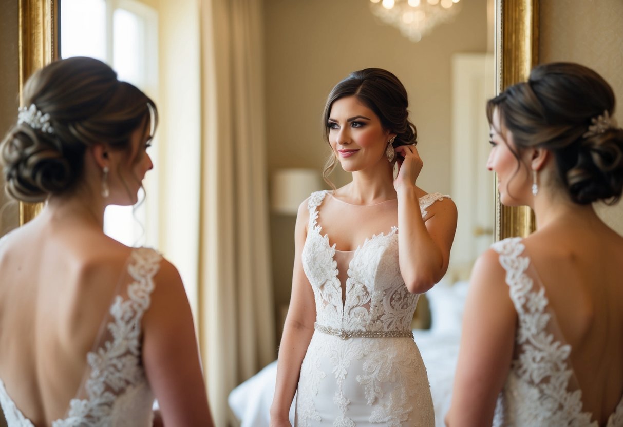 A woman in an elegant dress stands in front of a mirror, adjusting her ponytail and contemplating her reflection before a wedding