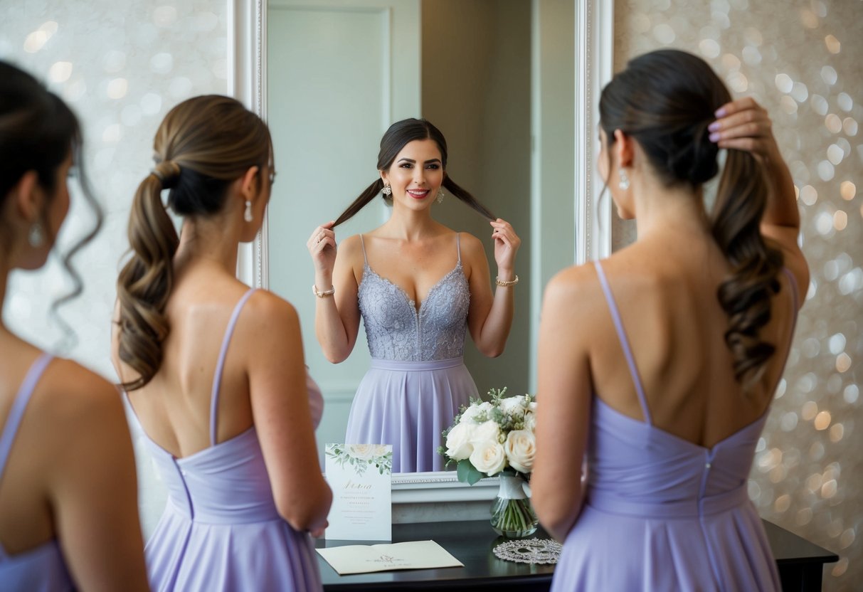 A woman standing in front of a mirror, trying out different ponytail styles, with a fancy dress and wedding invitation on the table