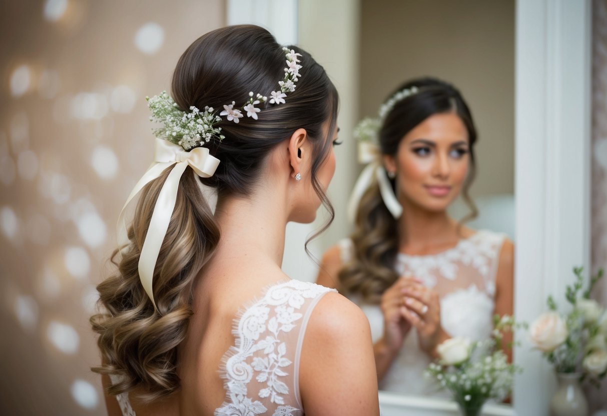 A woman with a ponytail adorned with delicate flowers and ribbons, standing in front of a mirror, contemplating her hairstyle for a wedding