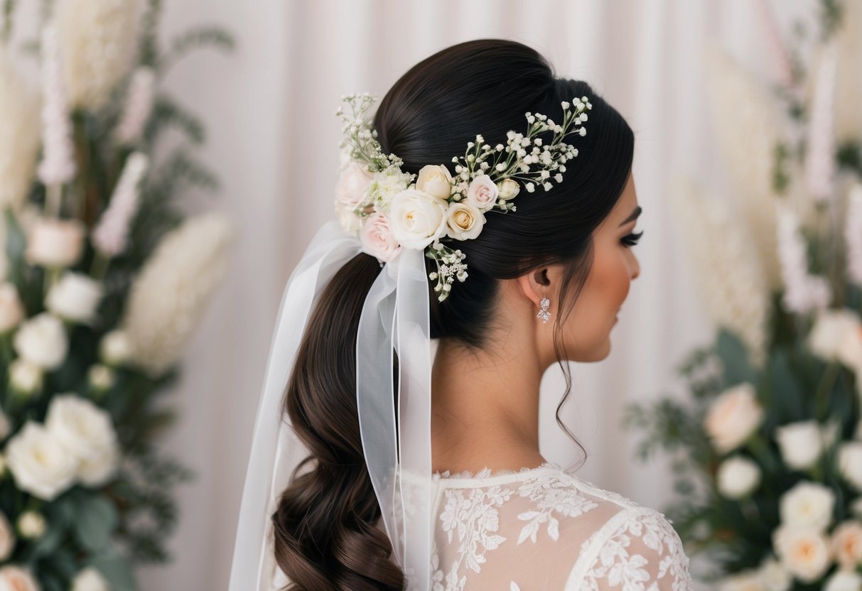 A ponytail adorned with delicate flowers and ribbons, set against a backdrop of elegant wedding decor
