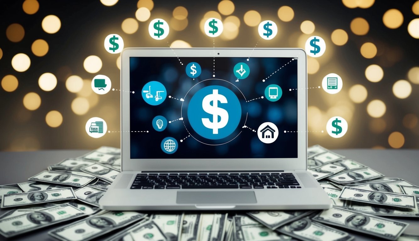 A laptop surrounded by dollar signs, with various icons representing different affiliate marketing strategies