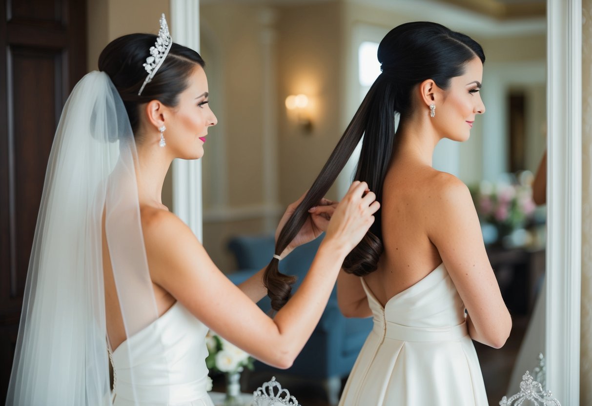 A woman in an elegant dress stands in front of a mirror, carefully styling her hair into a sleek ponytail. A tiara and veil sit nearby, suggesting the occasion is a wedding