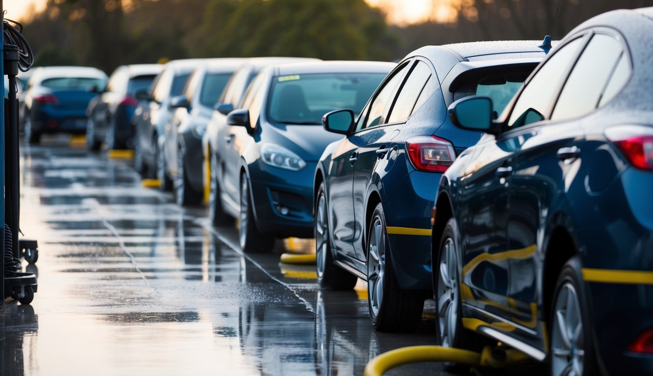 A row of cars being washed, waxed, and polished, ready for sale