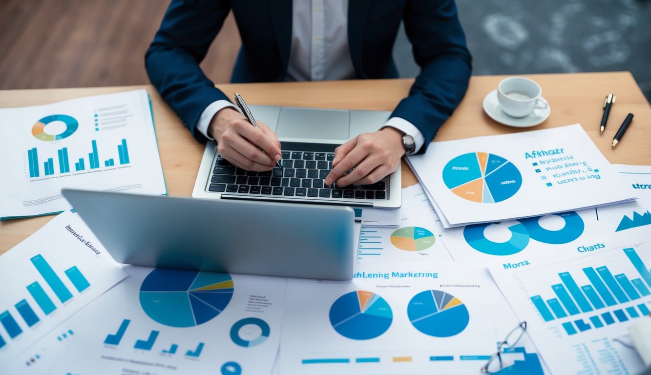 A laptop surrounded by various marketing materials and charts, with a person taking notes and brainstorming ideas for affiliate marketing