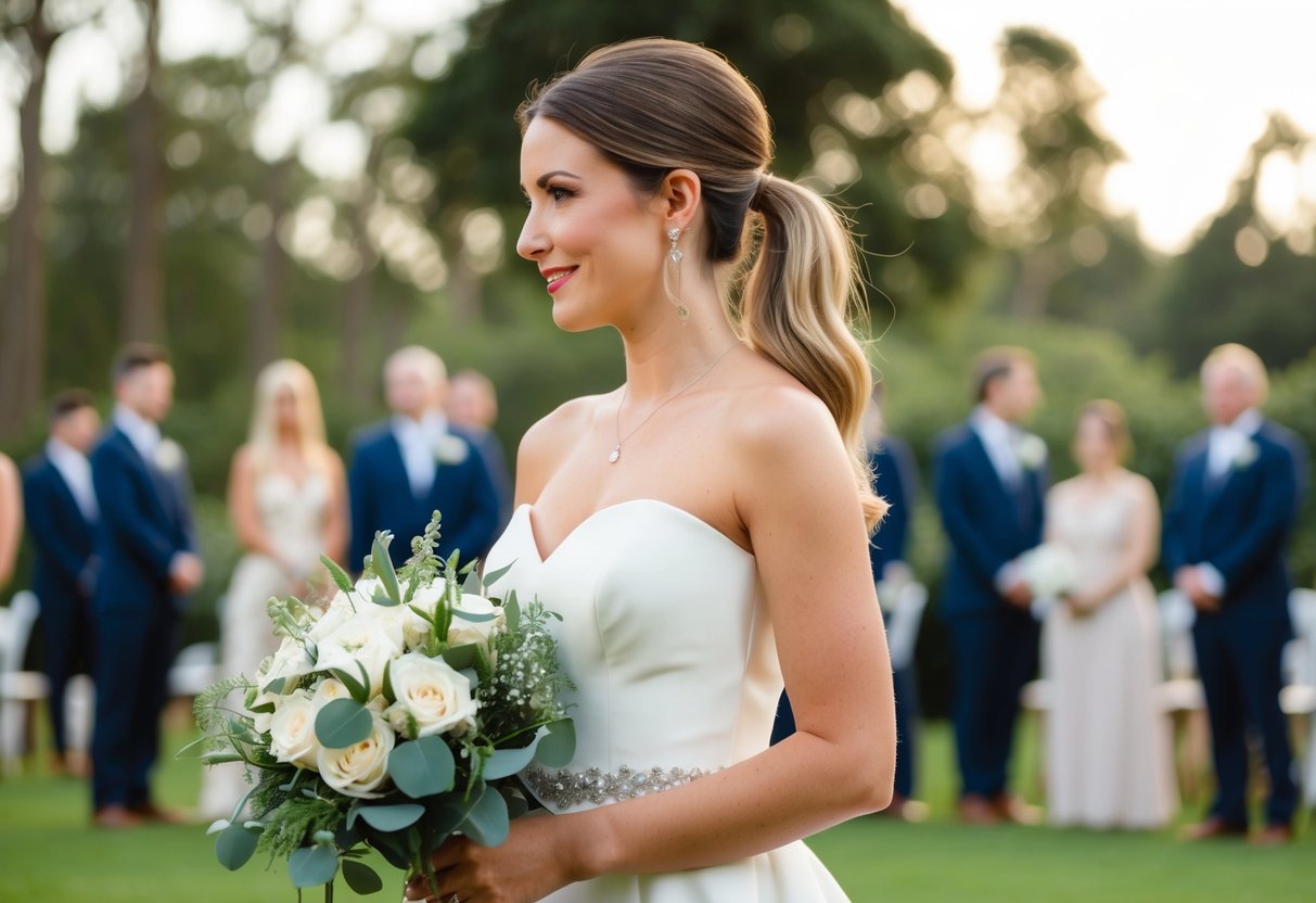 A woman with a ponytail in a formal dress, holding a bouquet at a wedding