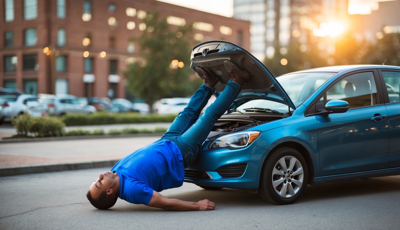 A person flipping a car while considering legal implications