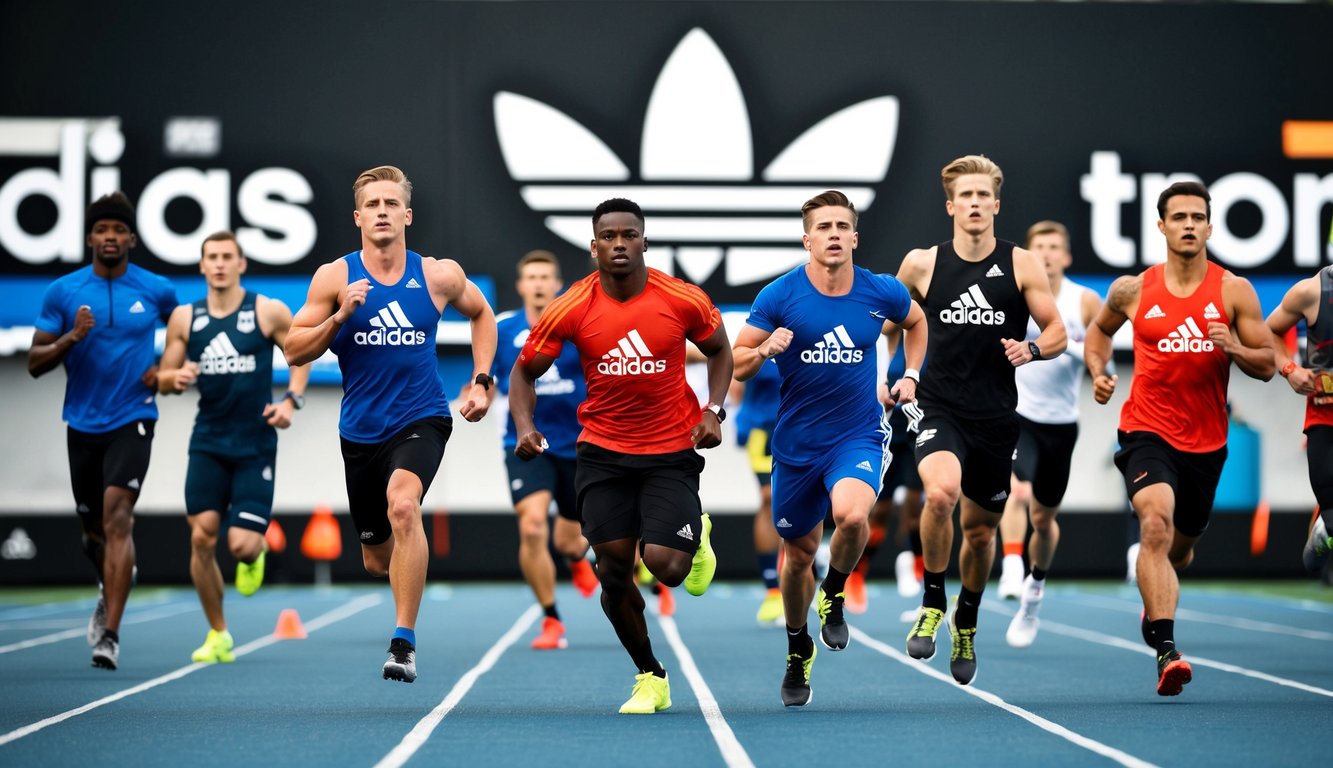 A diverse group of athletes wearing Adidas gear in action, with a prominent Adidas logo in the background