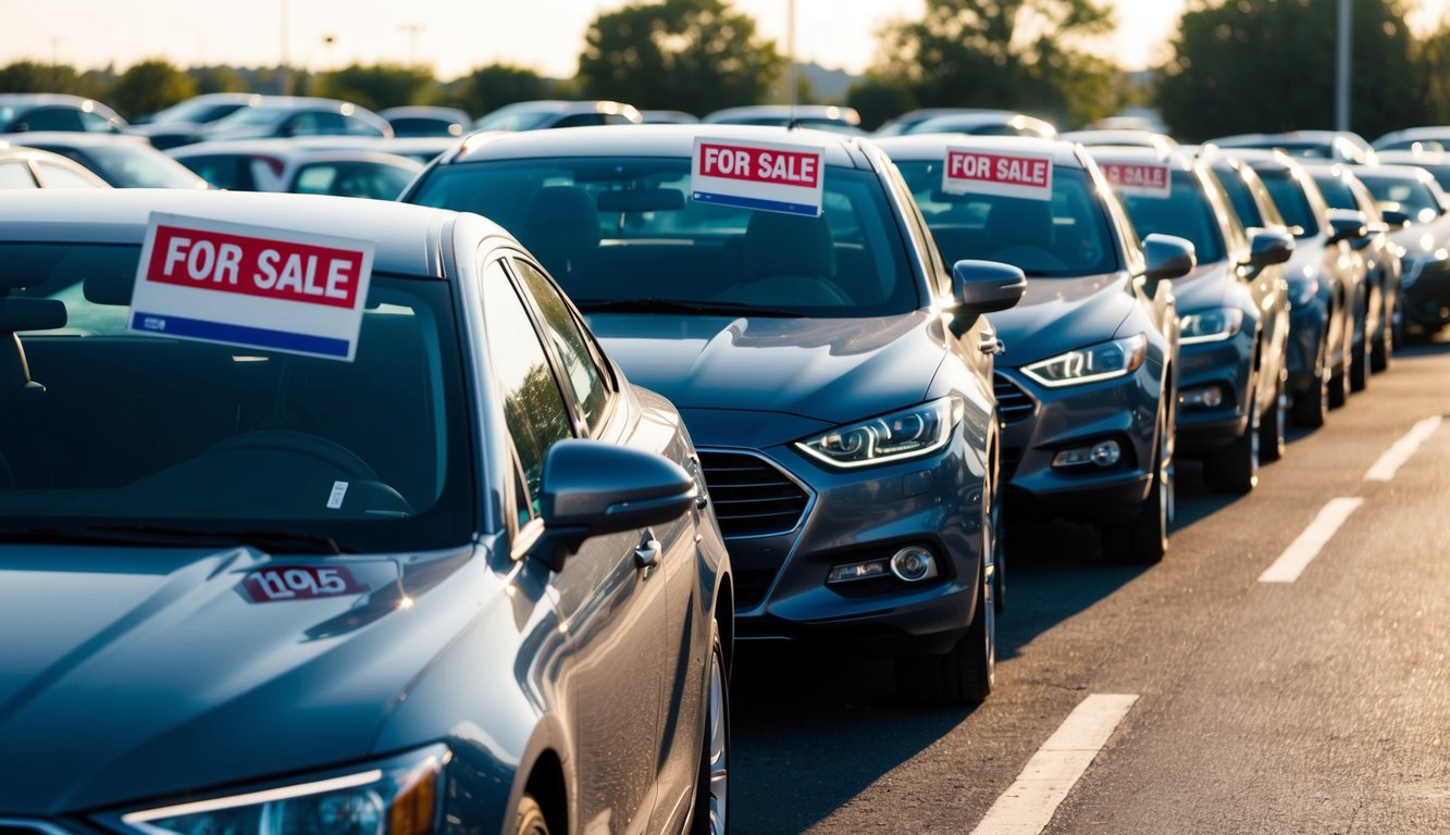 A row of cars lined up in a car lot, with a "For Sale" sign displayed prominently on each windshield. The sun is shining, and the cars are clean and polished