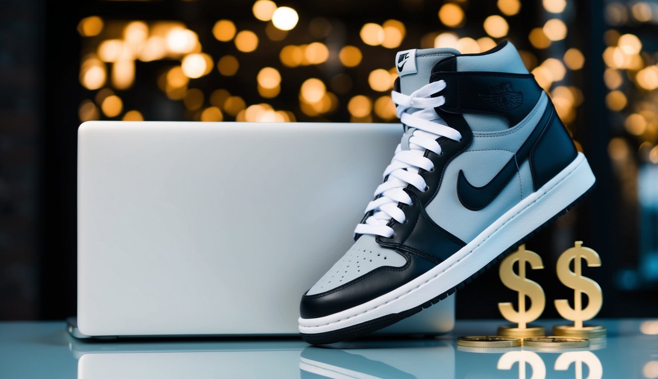 A sleek, modern sneaker displayed alongside a laptop and dollar signs