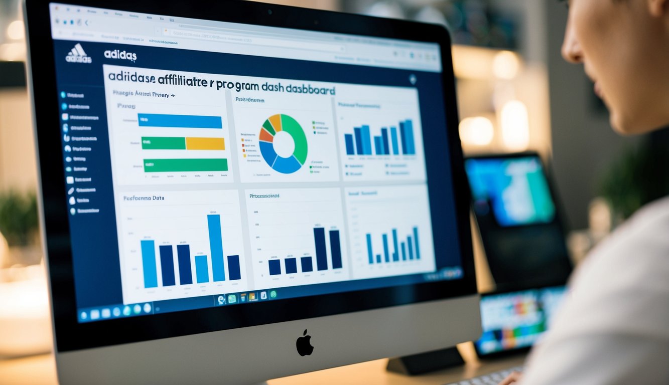 A computer screen displaying the adidas affiliate program dashboard, with various marketing data and analytics charts visible