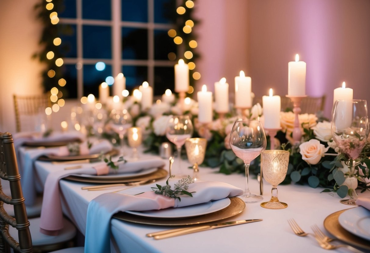 A romantic scene with a table set for a wedding night dinner, adorned with soft pastel colors and flickering candlelight
