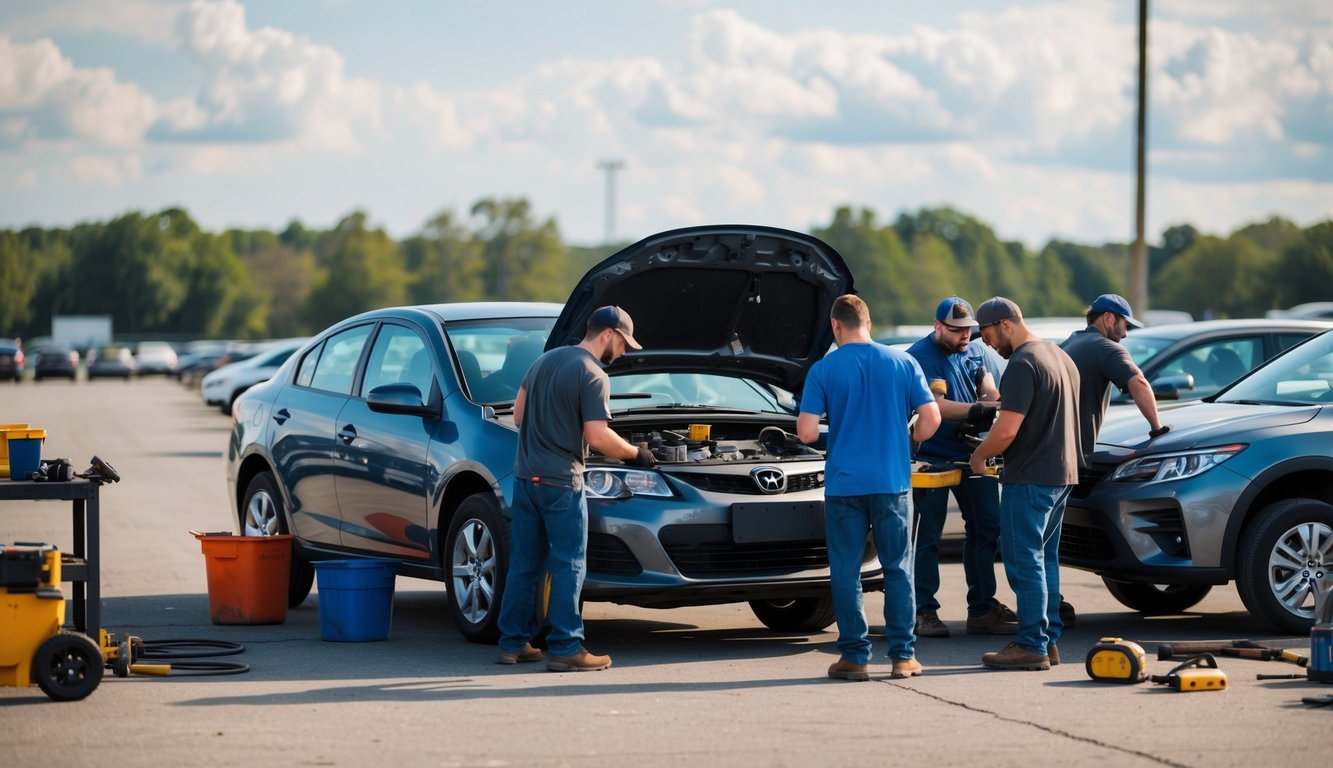 A group of people working together to flip cars in a large open lot with tools and equipment scattered around