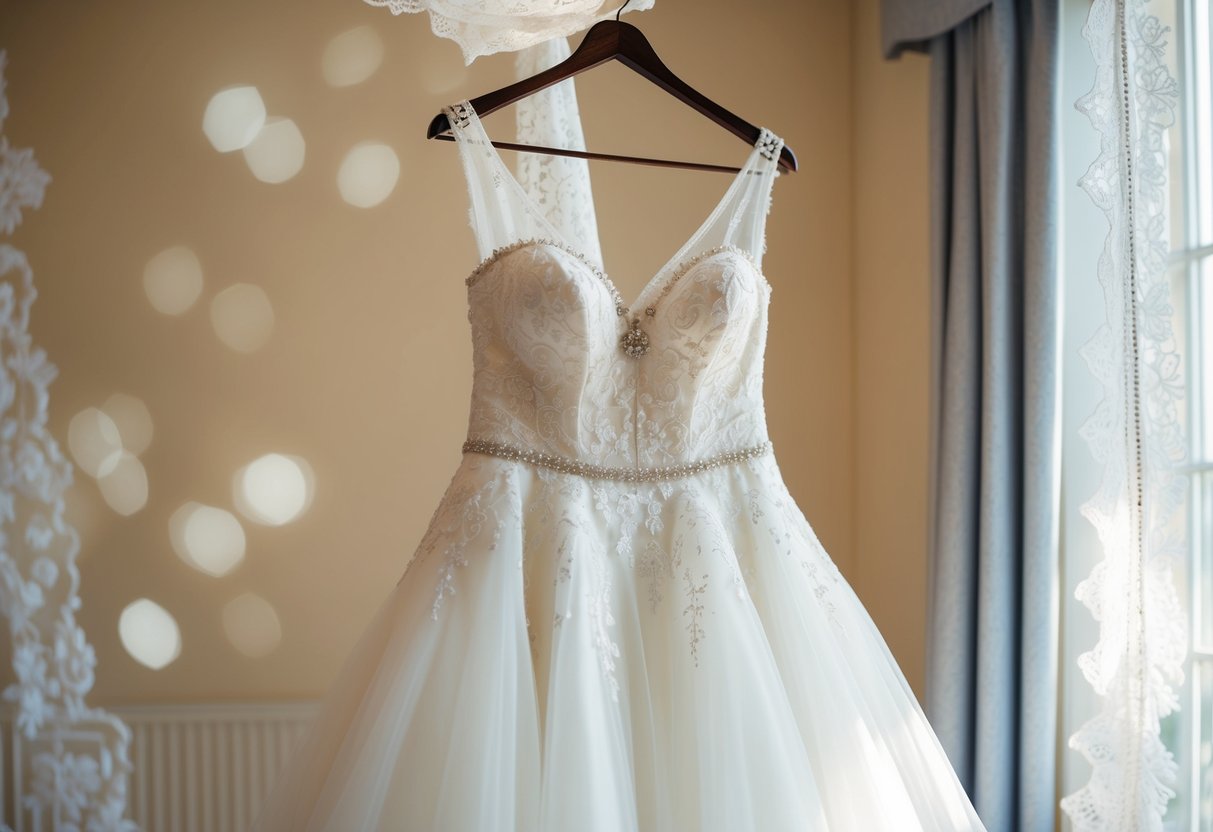 A woman's wedding dress hanging in a sunlit room, surrounded by delicate lace and intricate beading