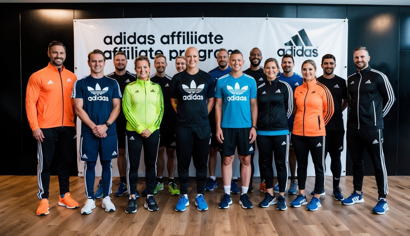 A group of people wearing various sports apparel and shoes, some with the Adidas logo, standing in front of a large banner advertising the Adidas affiliate program