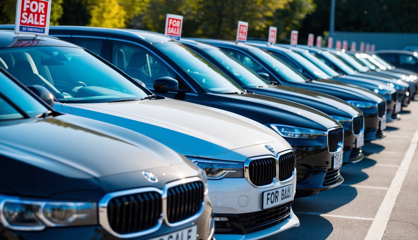 A row of sleek, modern cars parked in a line, with a "For Sale" sign displayed prominently in the front windshield of each vehicle