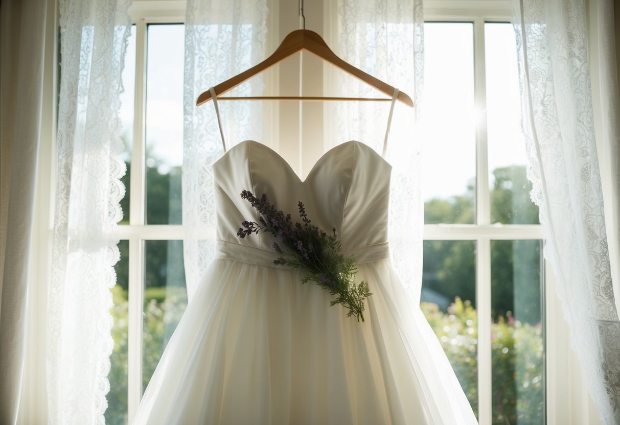 A bride's white dress hangs on a hanger, bathed in soft sunlight filtering through lace curtains. A sprig of heather is tucked into the bodice for good luck